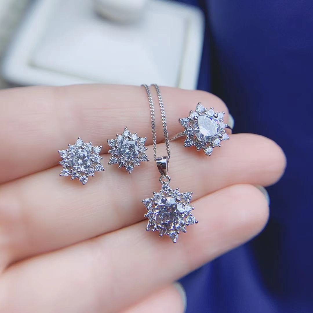 Engagement Gift Female Wedding Ring Necklace 1 Carat 925 Silver Inlaid Ring Earrings Moissanite Diamond Set