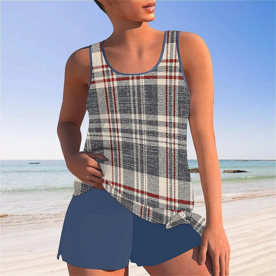 Bowknot Plaid,Brown Mid Waisted Tankini Set - Plus Size Available