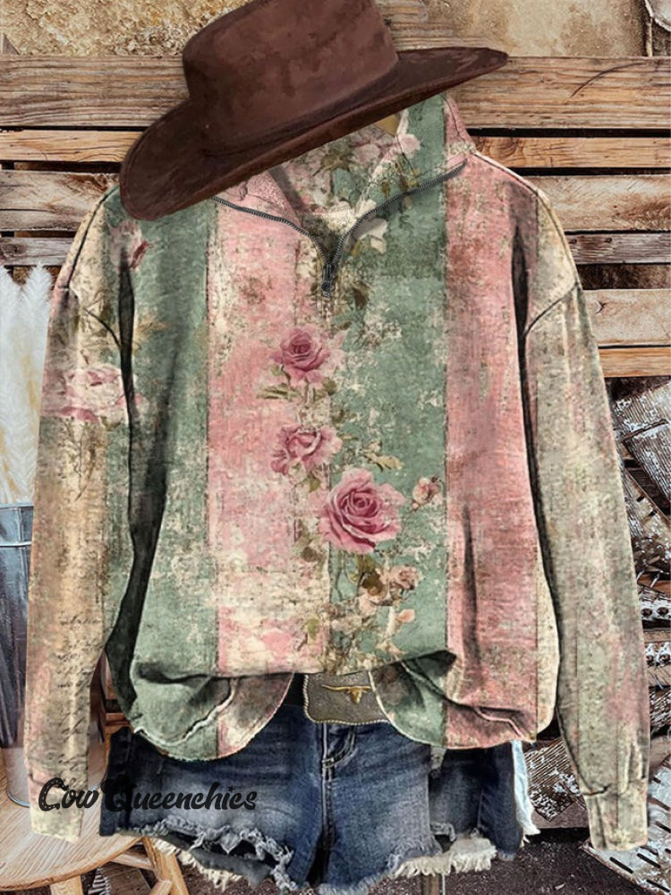 Vintage Rose Art Print Casual Long Sleeve Zip Sweatshirt / S