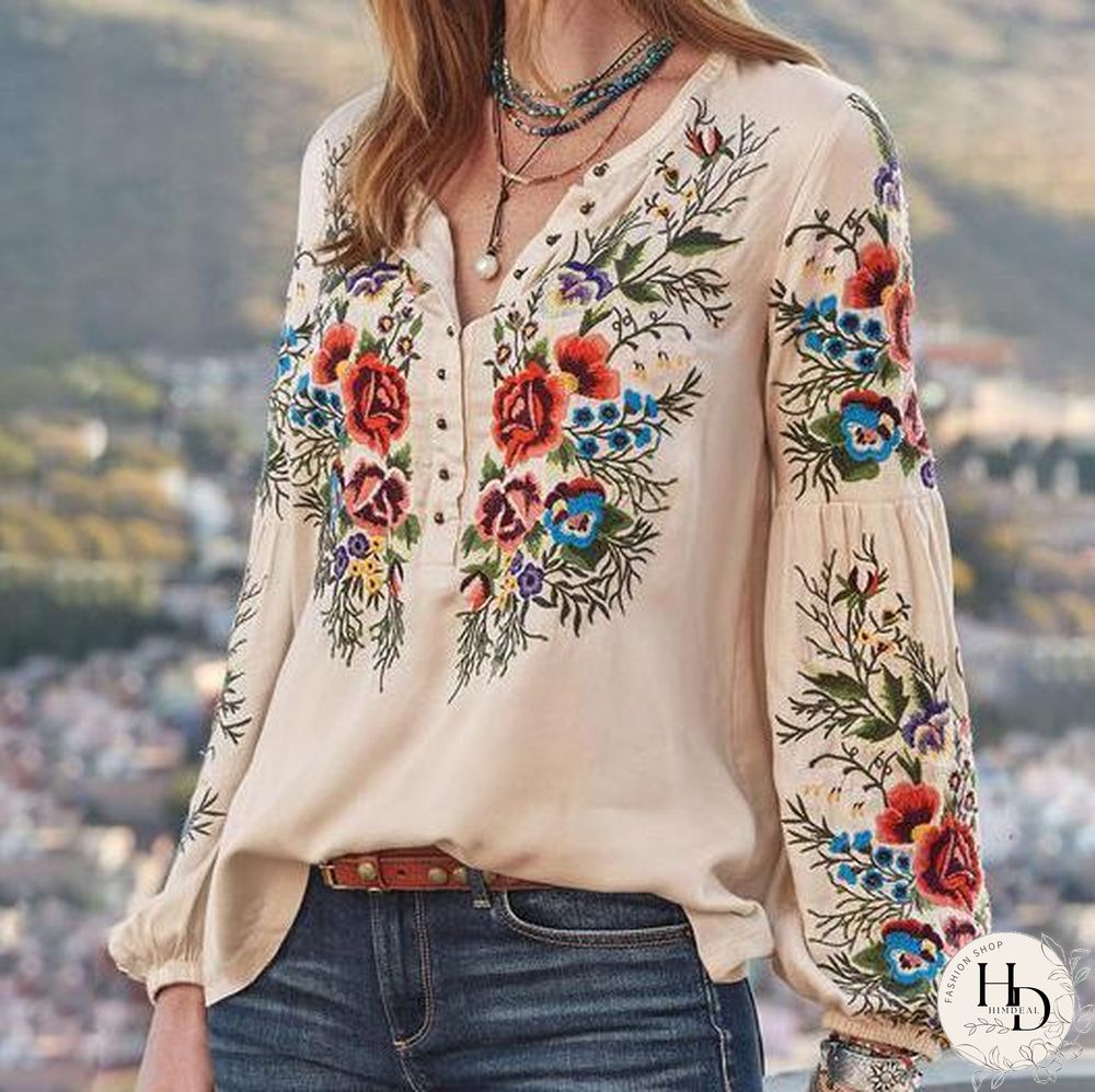 V-Neck Button Women Flower Printed Autumn Top