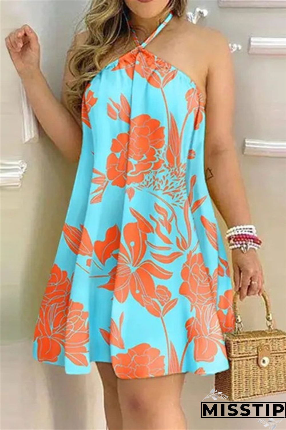Gradient Color Fashion Casual Print Bandage Backless Halter Sleeveless Dress Dresses