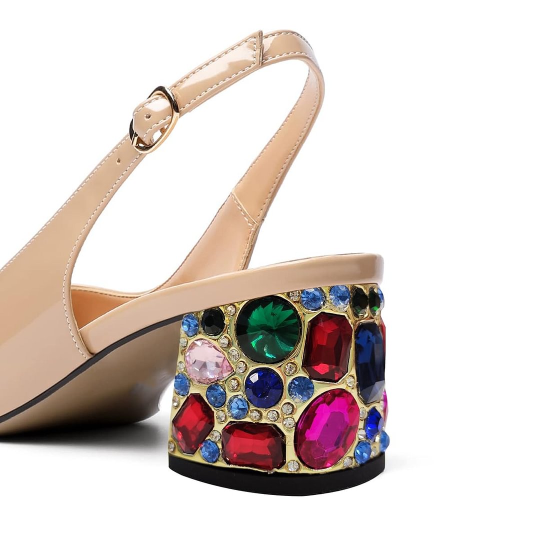 Women's Nude Patent Leather Rhinestone Butterfly Slingback Pumps