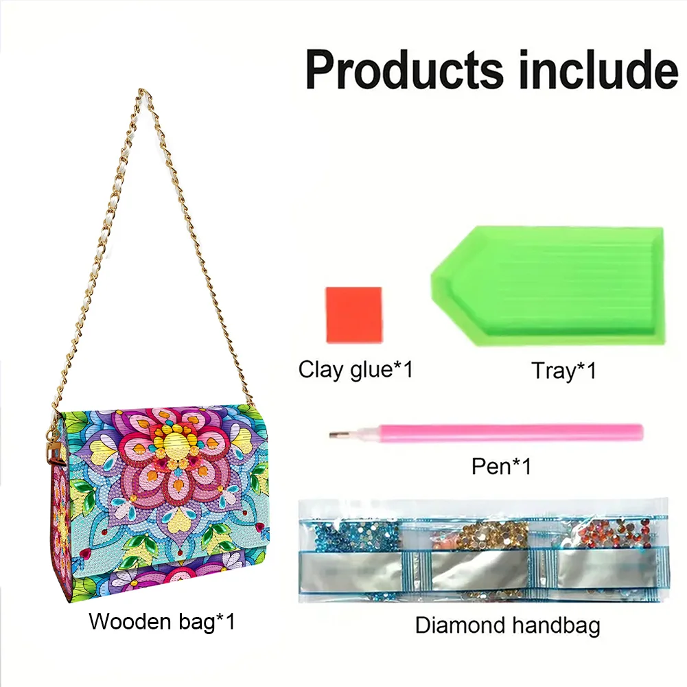 DIY Mandala Diamond Art Wooden Coin Pouch with Chain 5D Diamond Painting Purse