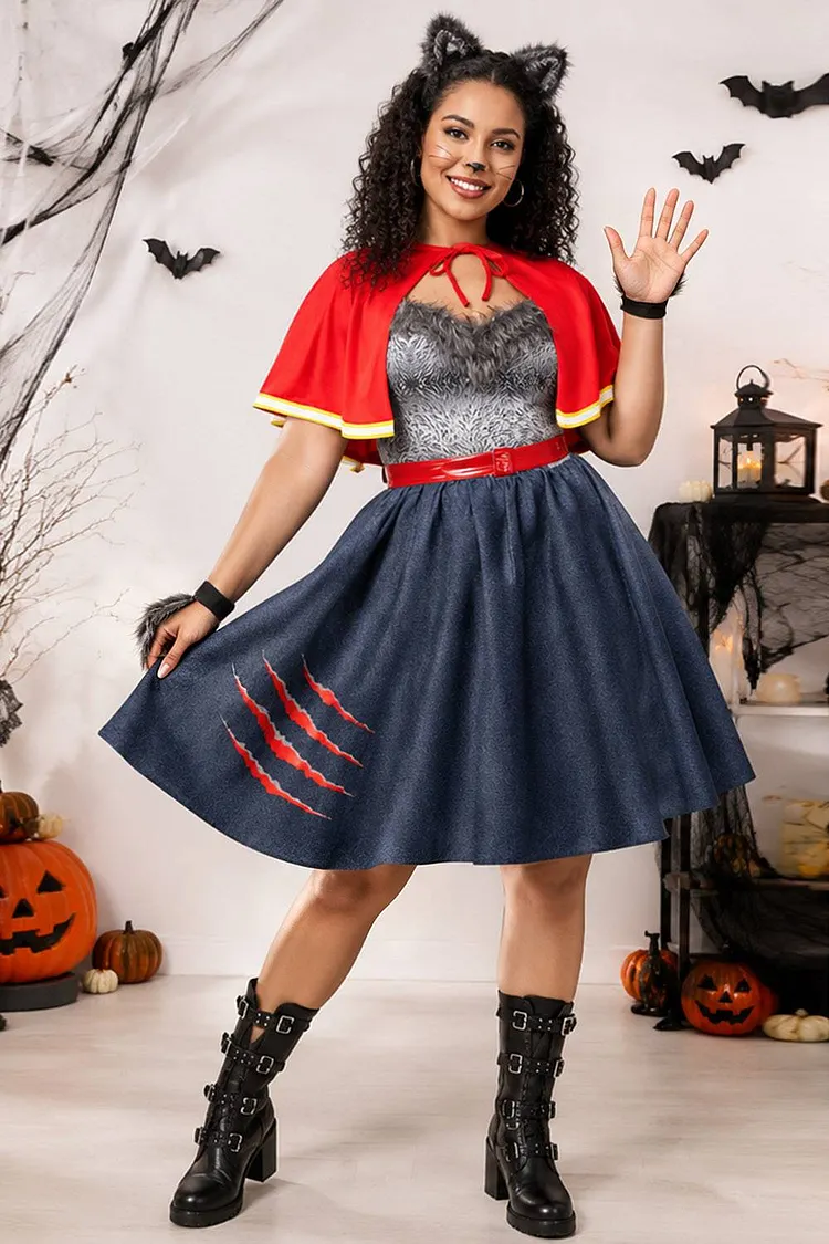 Xpluswear Design Plus Size Halloween Dress Red Feather Shawl Patchwork Mini Dress（Ships 24h） 2024 - Xpluswear