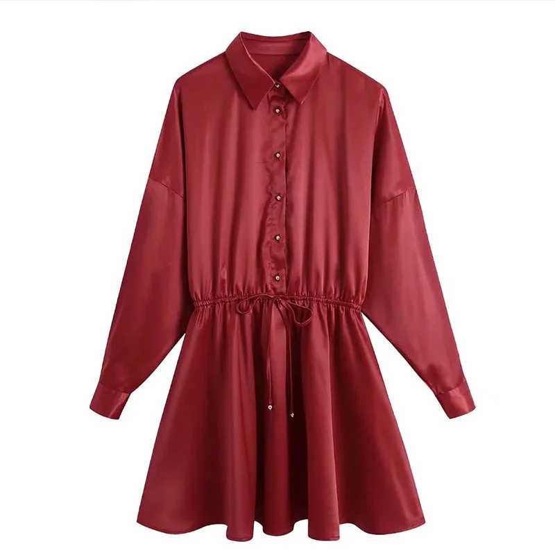 Women Vintage Red Silk Satin With Tied Turn Down Collar Mini Dress Female Fashion Causual Long Sleeve Club Party Night Dresses