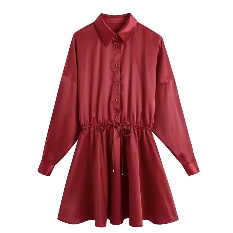 Women Vintage Red Silk Satin With Tied Turn Down Collar Mini Dress Female Fashion Causual Long Sleeve Club Party Night Dresses