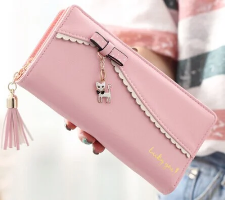 PU Leather Long Wallet Women Card Holder Purse Sweet Bow Cute Cat Pendant Tassel Ladies Clutch Phone Money Coin Bag Portemonnee