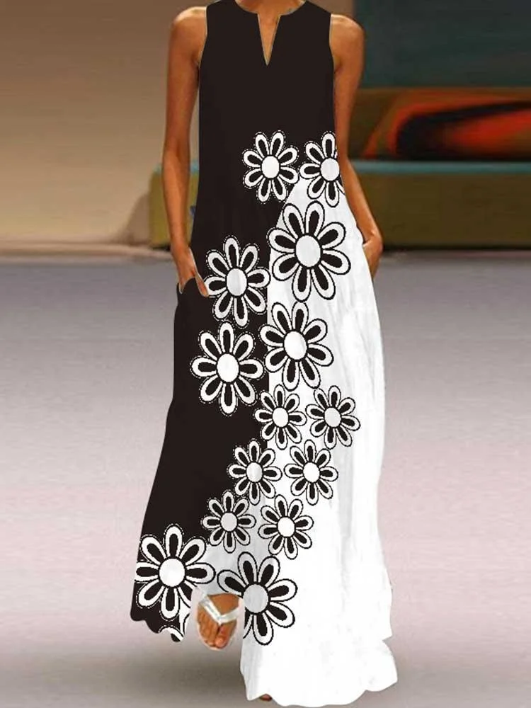 V-neck Sleeveless Pocket Print Dress