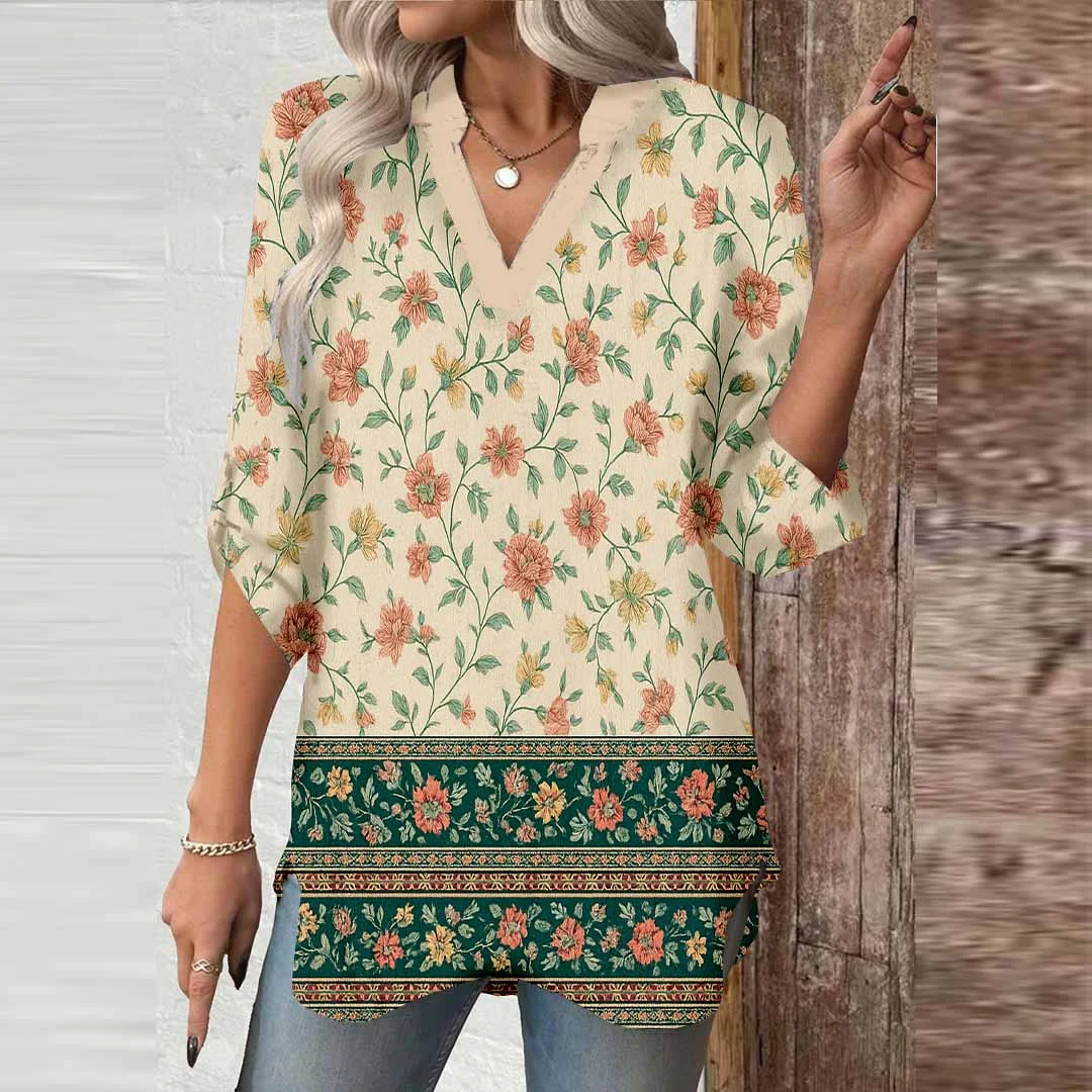 Women Bohemian,Red,Green,Floral DZGA0283 3/4 Sleeve V-neck Printed Graphic Button Tops