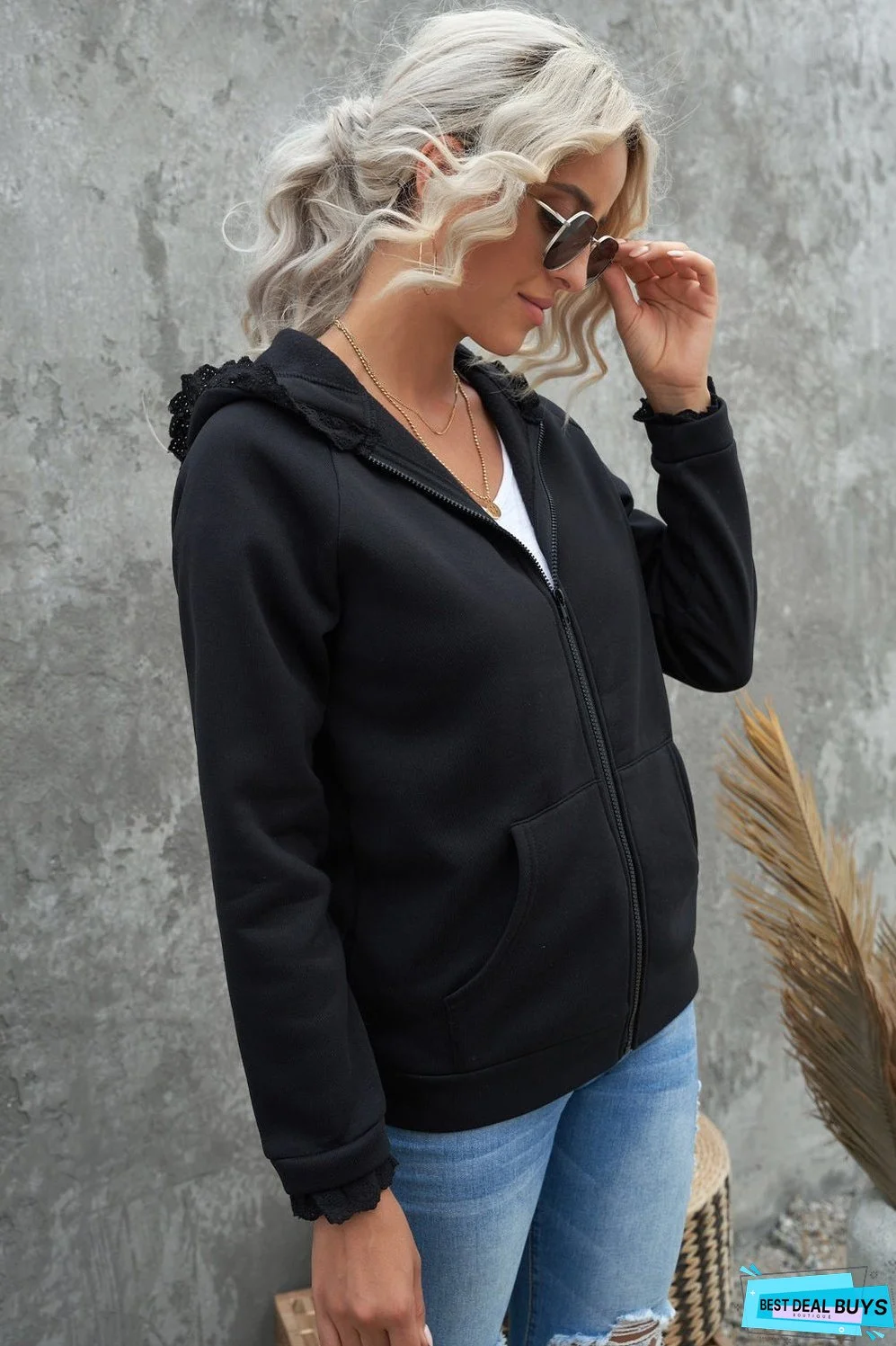 Lace Trim Zip-Up Hooded Jacket