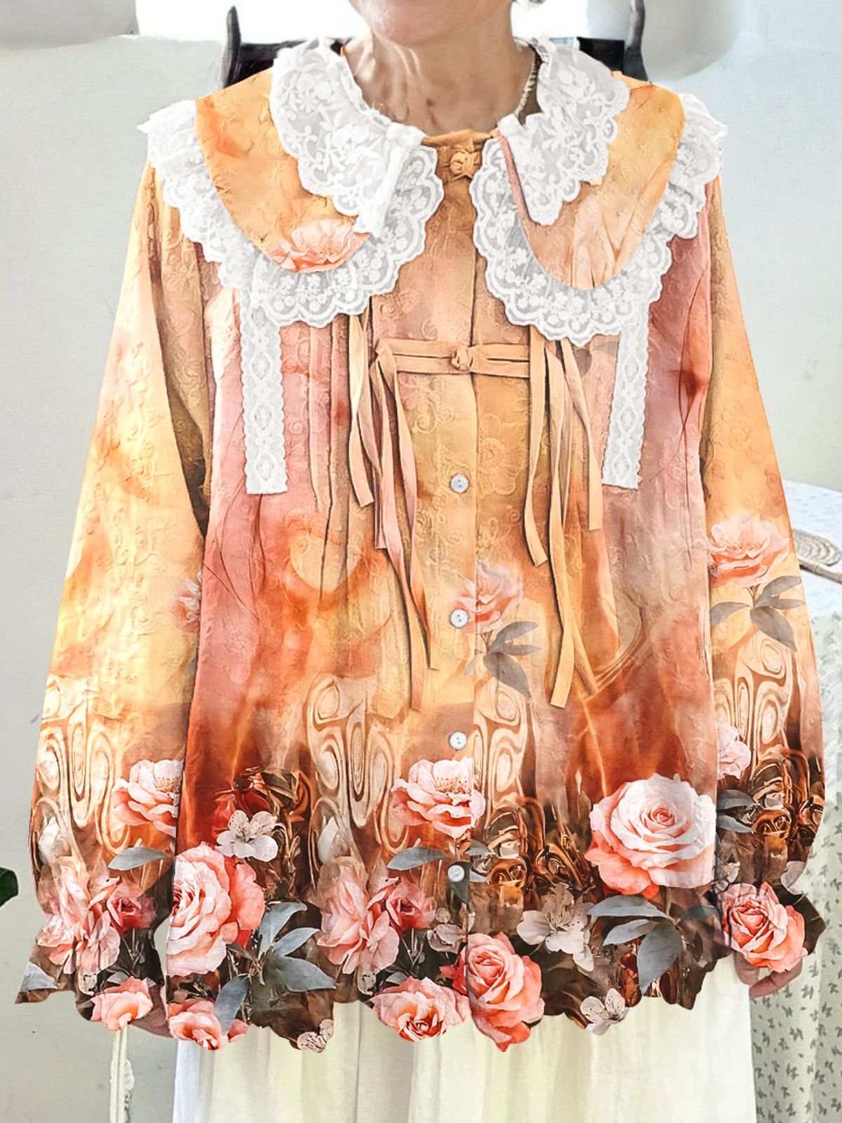 Women Long Sleeve V-neck Graphic Floral Printed Top