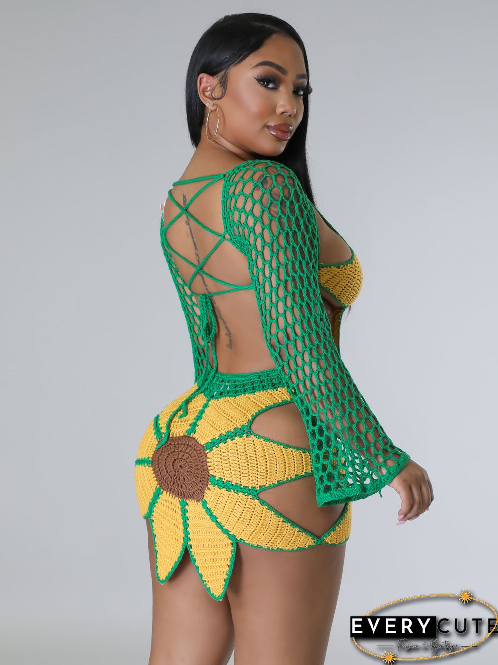 Hand-crochet Sunflowers Beachwear Cover Up 2 Piece Sets