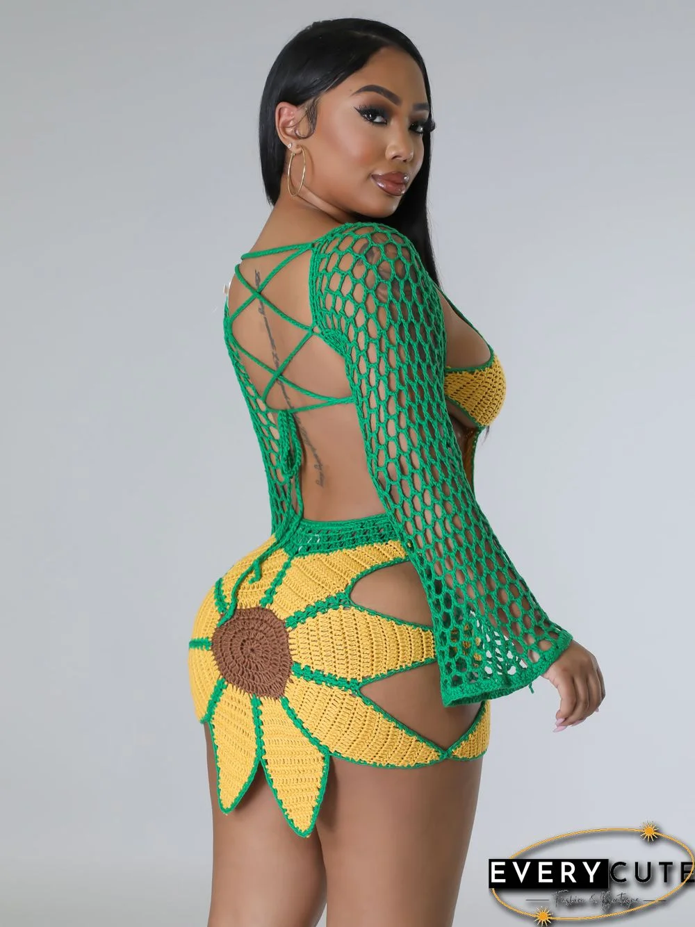 Hand-crochet Sunflowers Beachwear Cover Up 2 Piece Sets