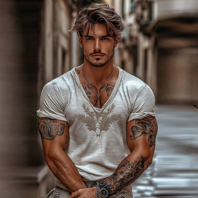 Men's Vintage Embroidery Floral Art Casual T-shirt