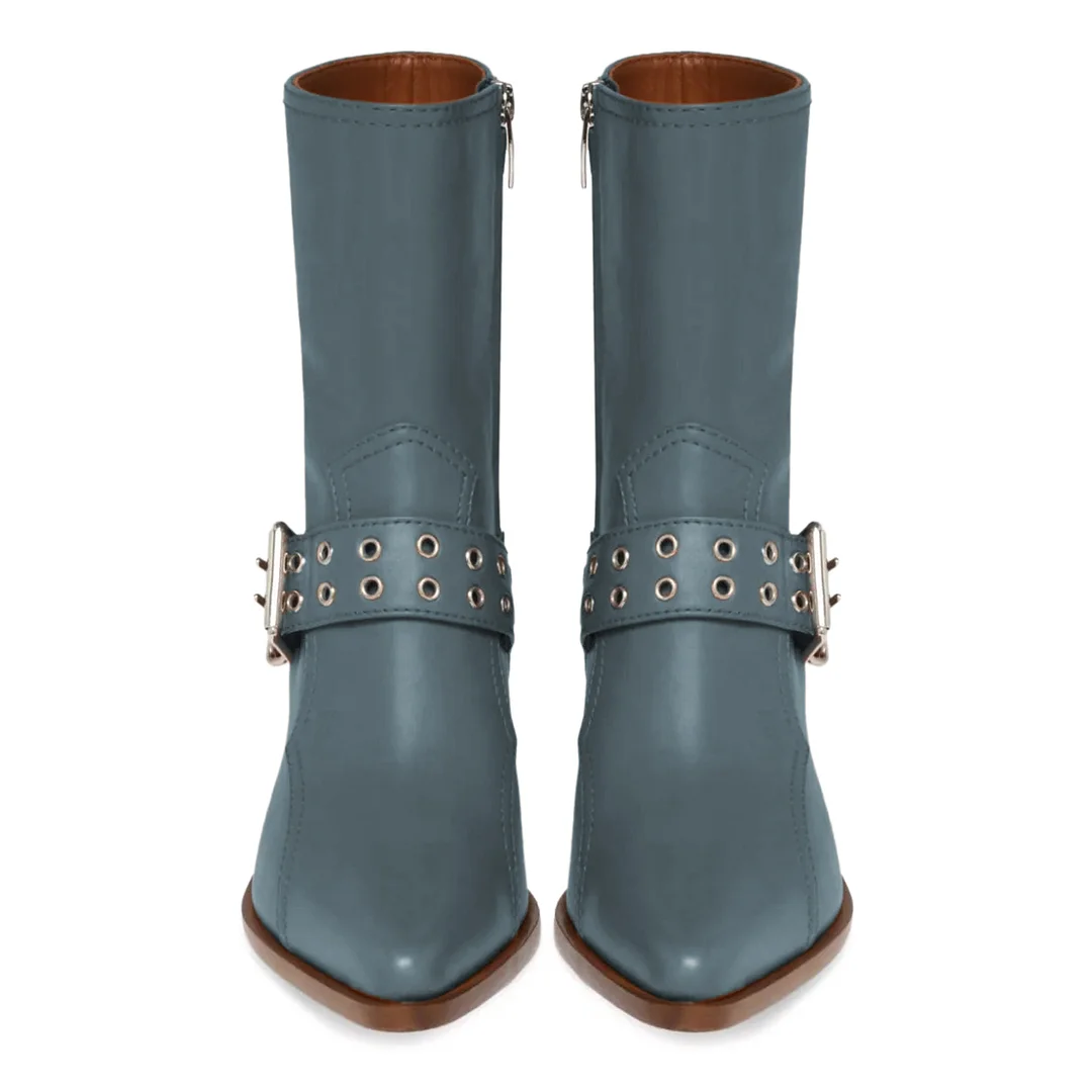 Vegan Leather Pointed Buckle Inlay Ankle Boots with Block Heel in Gray