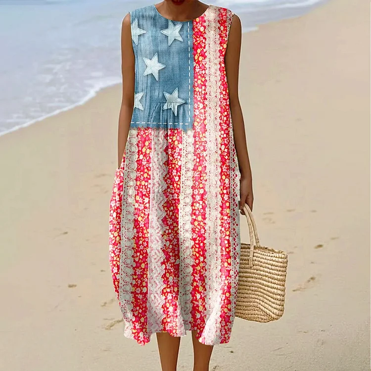 Vintage Independence Day Floral Art Linen Casual Tank Dress