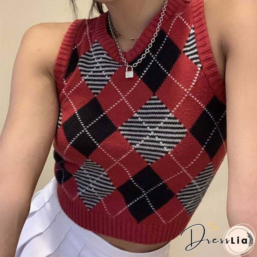 Checkered Cropped Knitted Tank Argyle Sleeveless Jumper