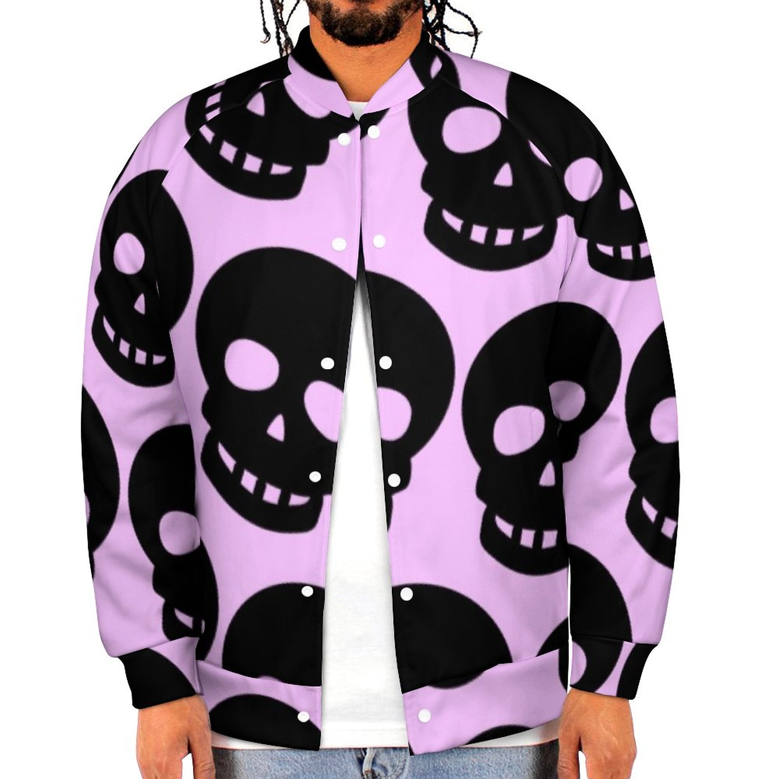 Lilac Aesthetic Pastel Goth Skulls Big Print Sweatshirt Jacket Men Casual Lightweight Button Up Bomber Jacket Outwear