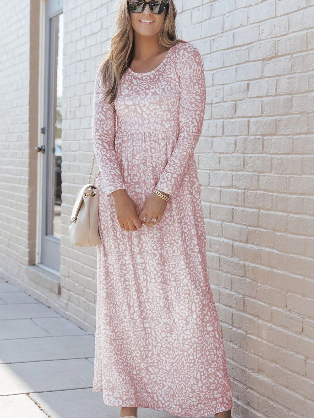 Leopard Print High Waist Maxi Dress with Long Sleeves and Pockets