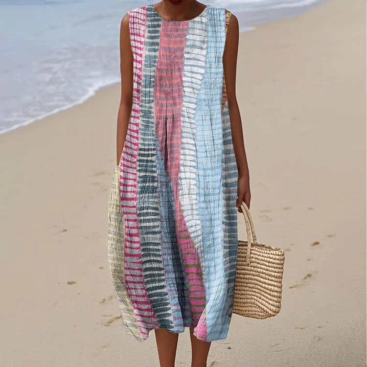 Women's Vintage Colorblock Striped Art Print Sleeveless Cotton Pocket Wrap Dress