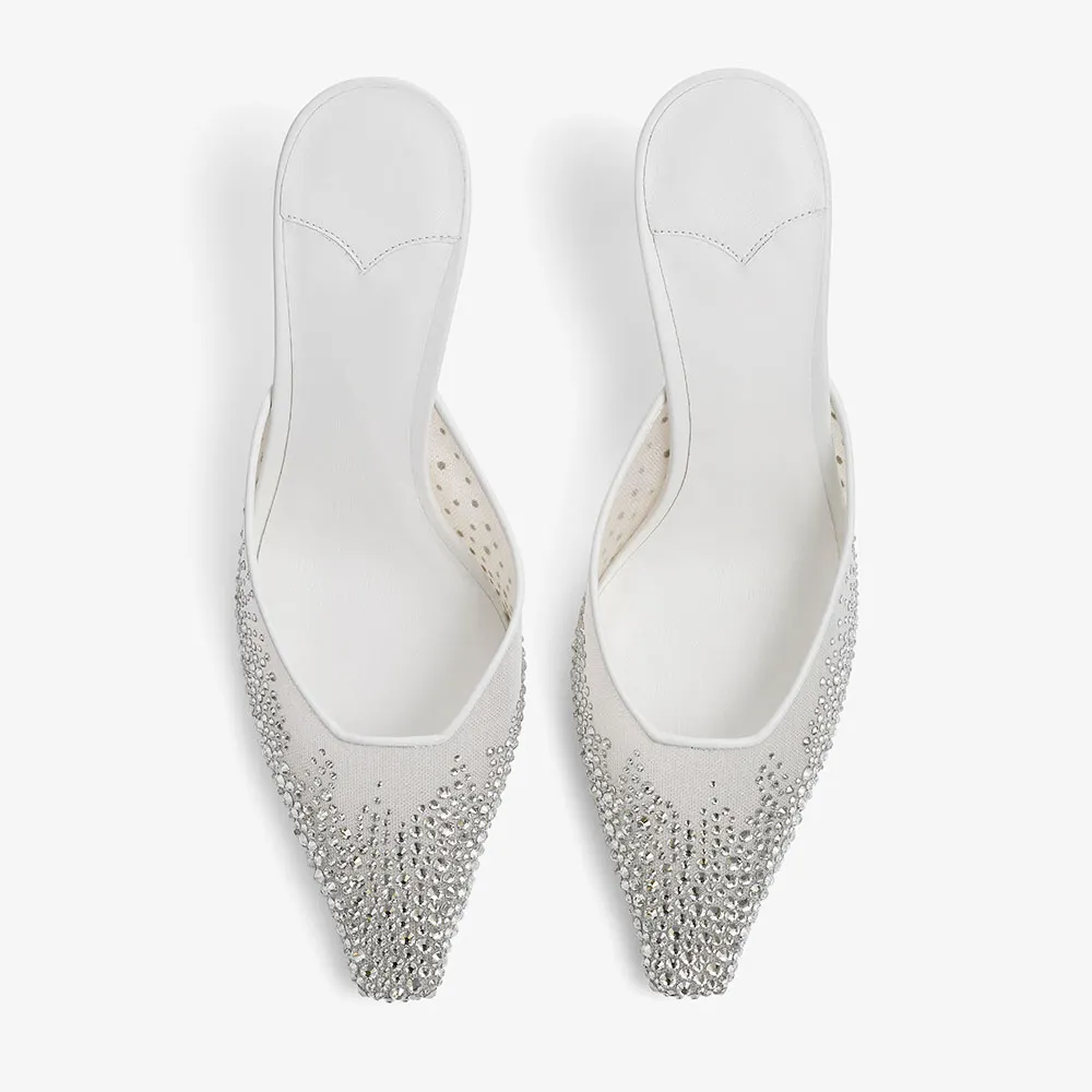 Women's White Pointed Toe Slip On Heeled Mules with Rhinestone
