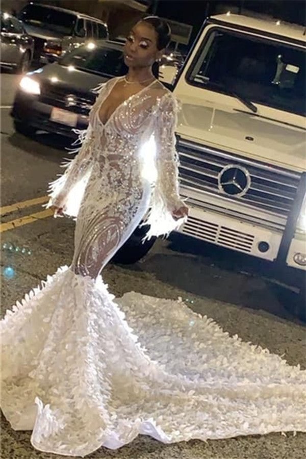 Long Sleeves Sexy Sequins V-Neck Mermaid Prom Dress | Ballbellas Ballbellas
