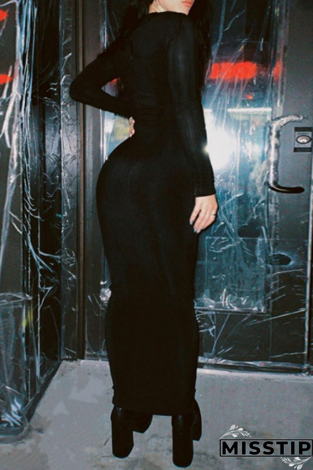 Black Casual Solid Basic O Neck Long Sleeve Dresses