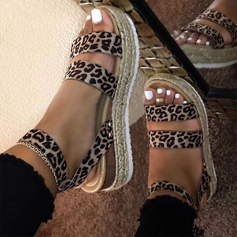 Qengg MCCKLE Women's Sandals Woman Leopard Hemp Bottom Ladies Flat Platform Shoes Summer Casual Pu Buckle Strap Sandal Female Plus 43