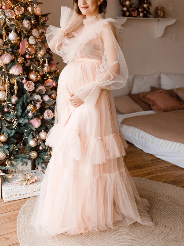 Maternity Clothes Turtleneck Solid Color Mesh Maxi Dress