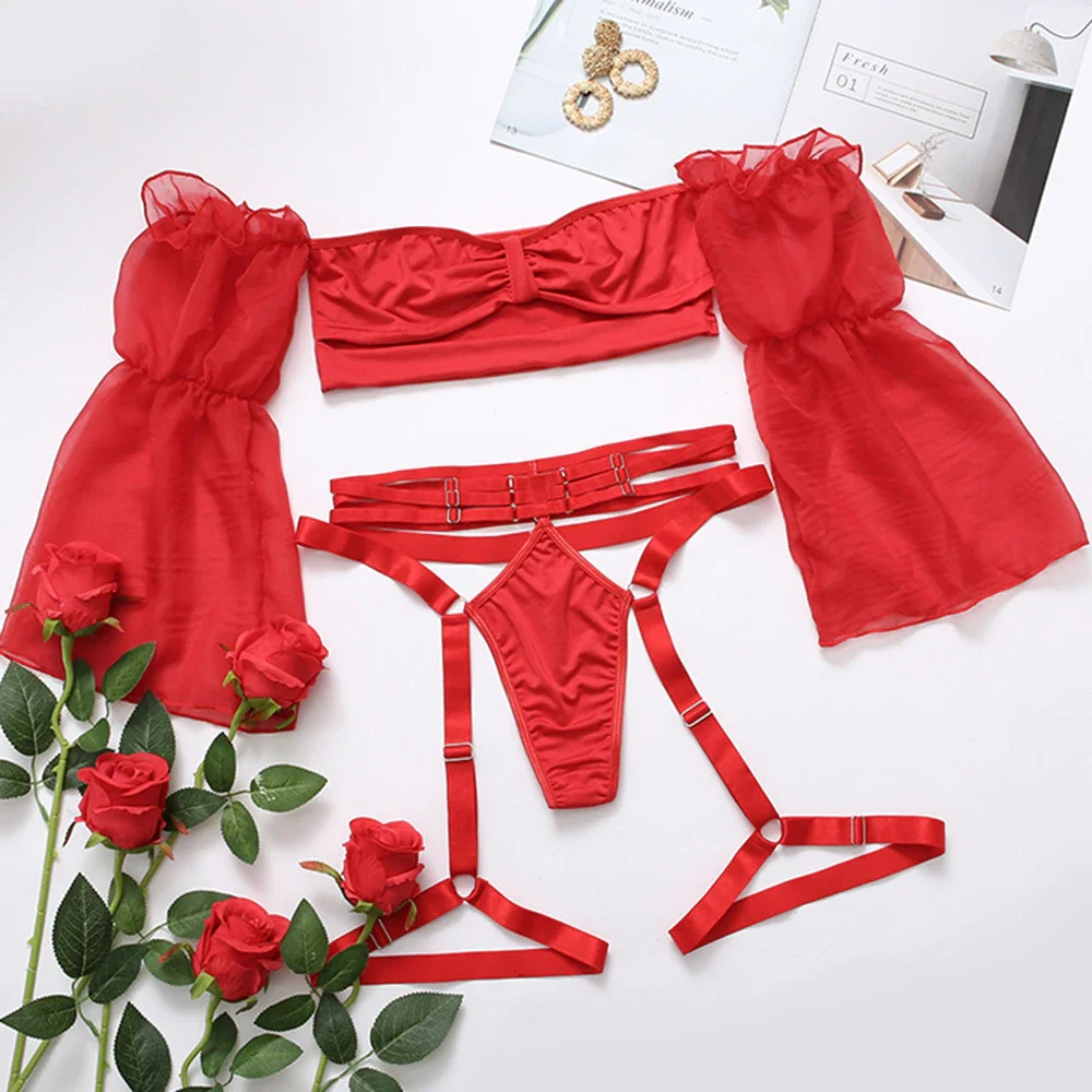 Billionm Sexy Lingerie Set Red Lace Underwear Off Shoulder Sleeves Nightwear Erotic Bra and Panties Hollow Out Mesh Intimate Sensual Sets