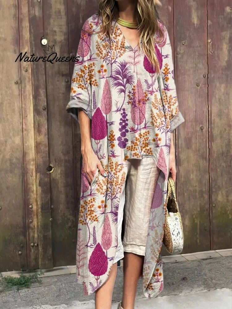 Women's Vintage Lovely Floral Art Print Short Front And Long Back V-neck Top