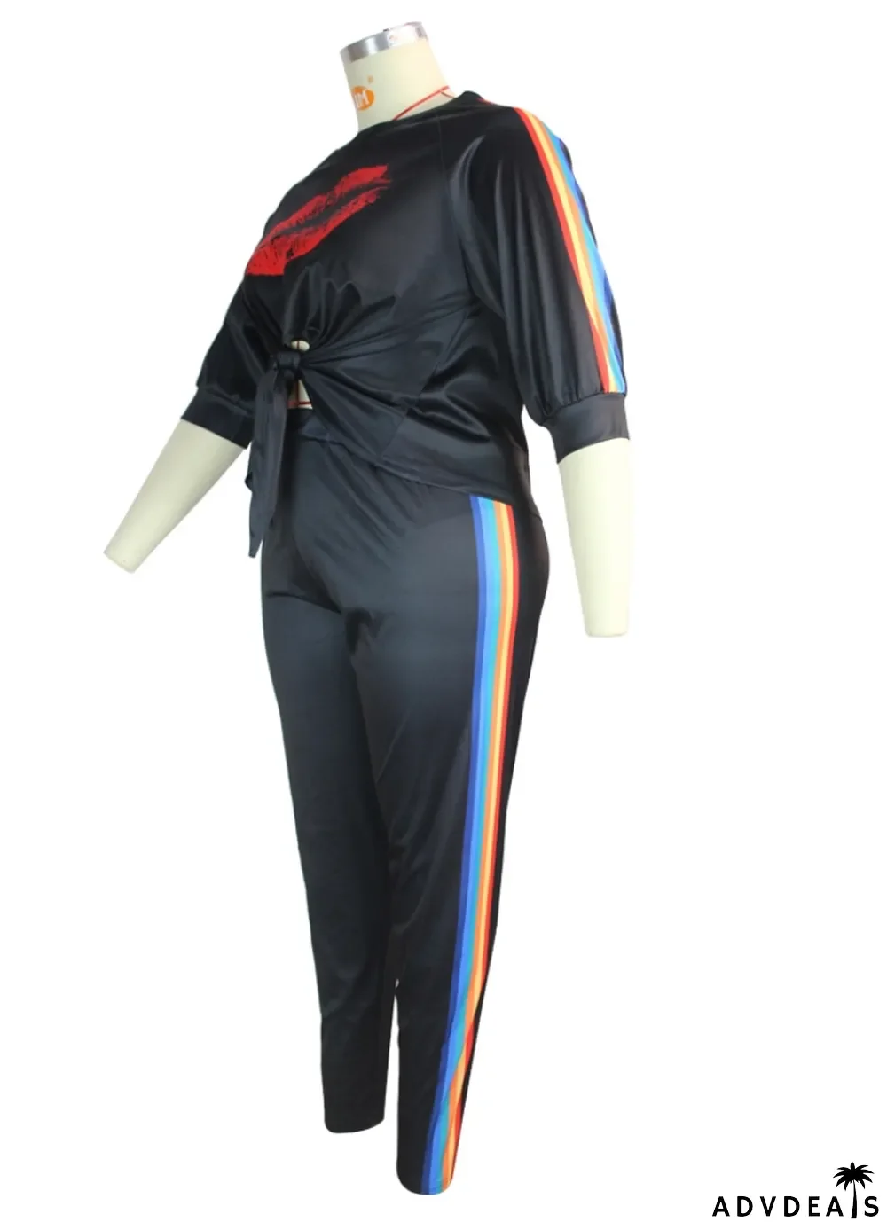 Autumn Plus Size Print Black Knotted Shirt and Pants Set