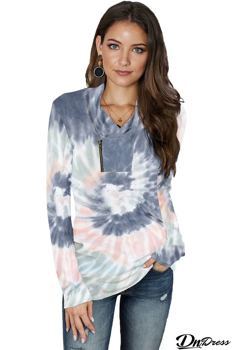 Tie-dye Print Zipper Pullover Top