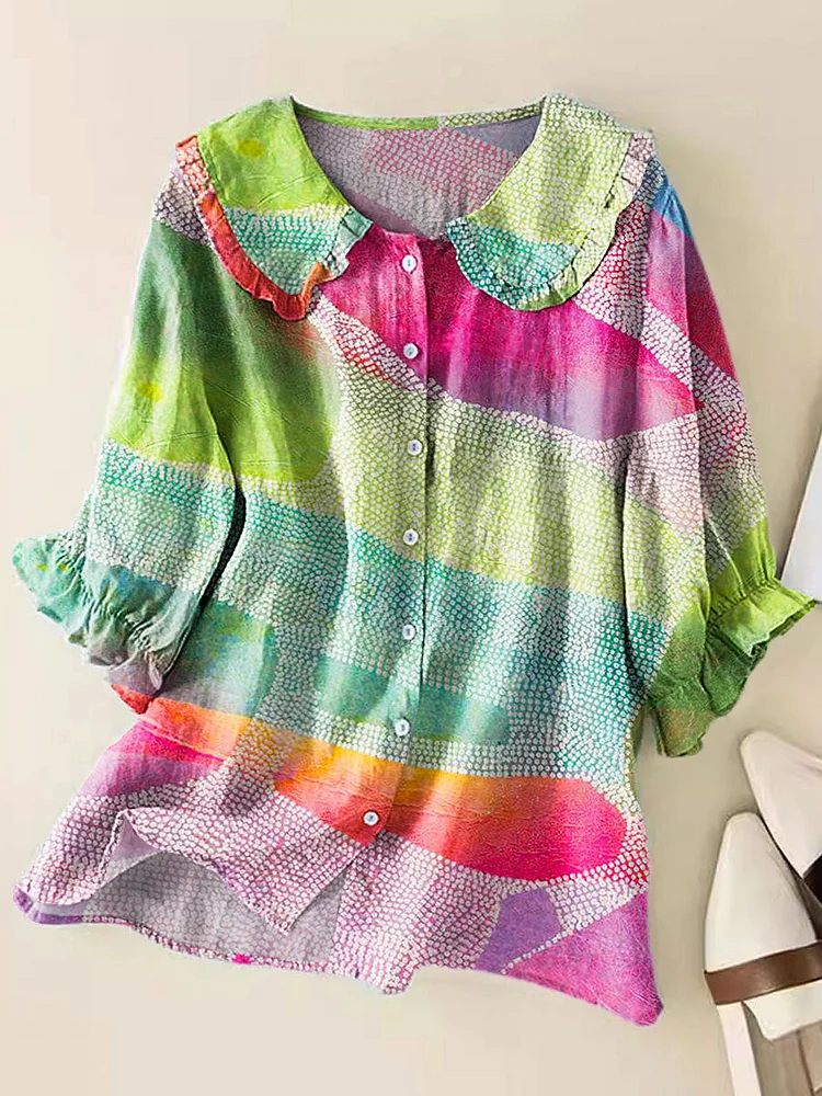 Women Vintage Abstract Geometric Colorful Art Print Peter Pan Collar Half Sleeve Blouses