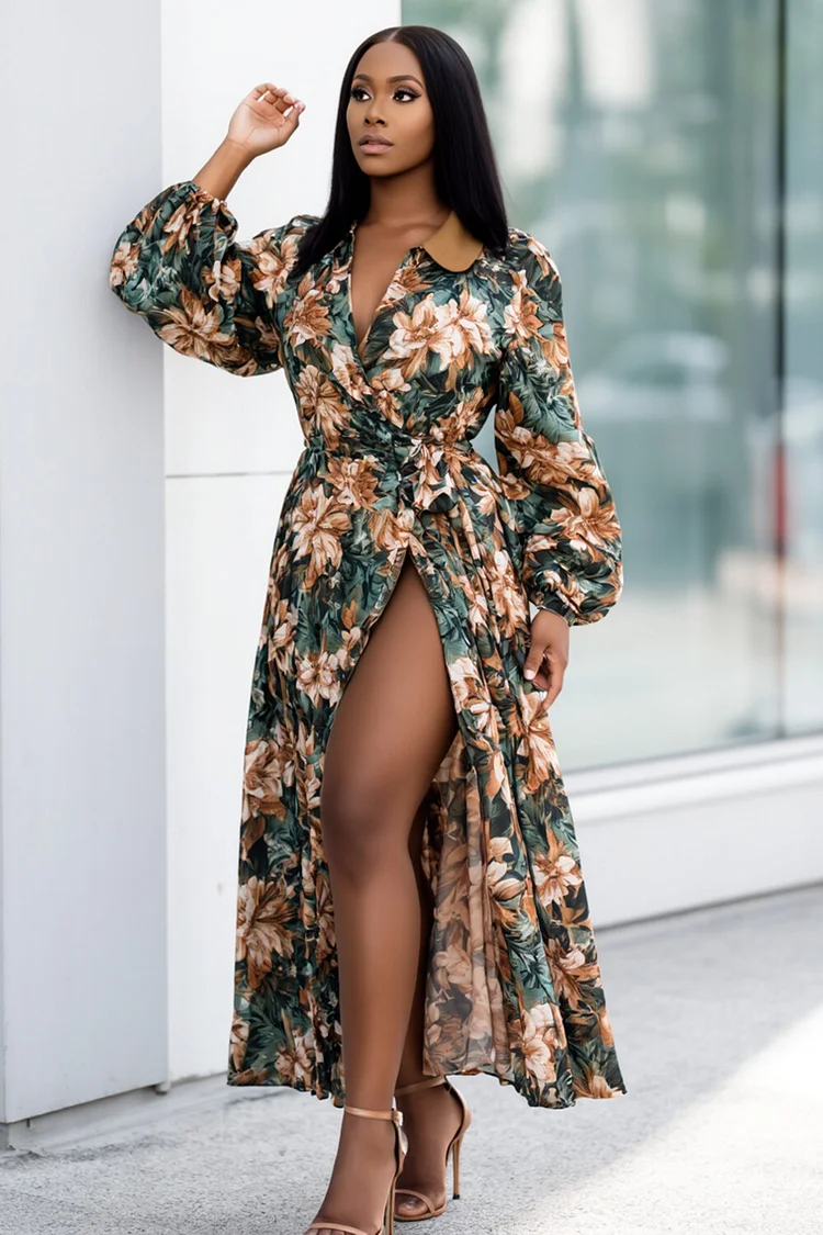 Floral Print Lantern Sleeve High Slit Vacation Maxi Dresses-Green [Pre Order]