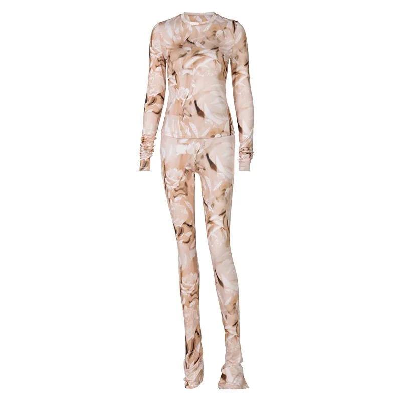 Hawthaw Women Autumn Winter Long Sleeve Printed Slim Skinny Female Tops Long Pants Two Piece Sets 2020 Fall Clothes Streetswear