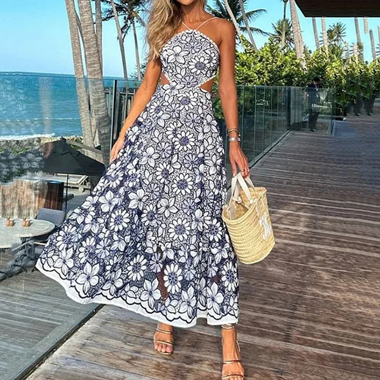 Simpfit Maxikleid mit offenem Rücken und Blumenstickerei