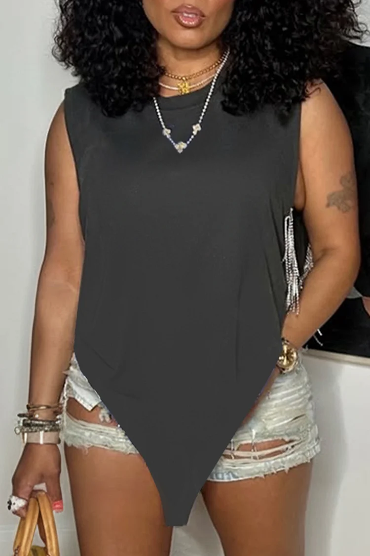 Plus Size Daily Casual Grey Round Neck Strappy Asymmetric Hem Irregular Hem T-Shirts [Pre-Order] 2024 - Xpluswear