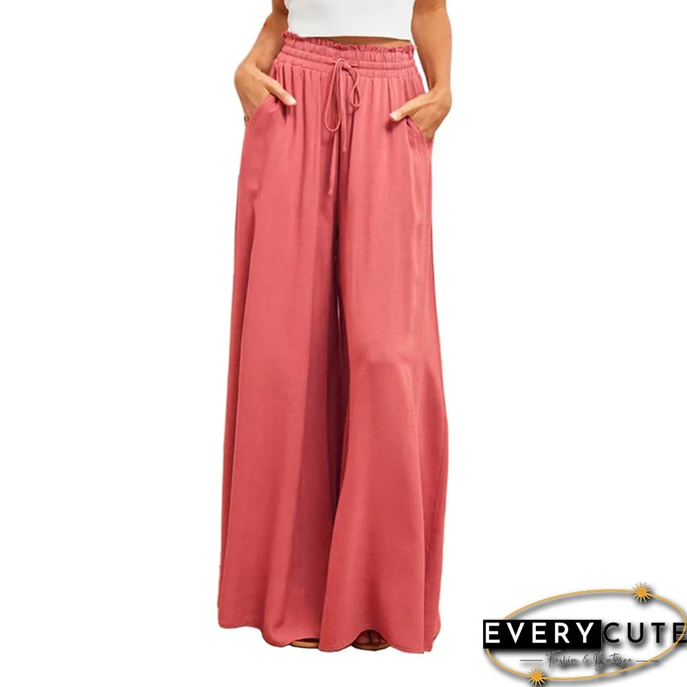 Watermelon Red Elastic Waist High Waist Wide Leg Pants