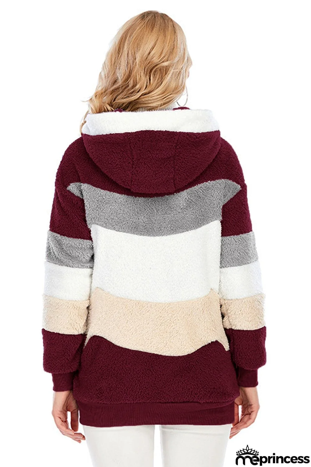 Colorblock Zip Up Sherpa Coat with Hooded