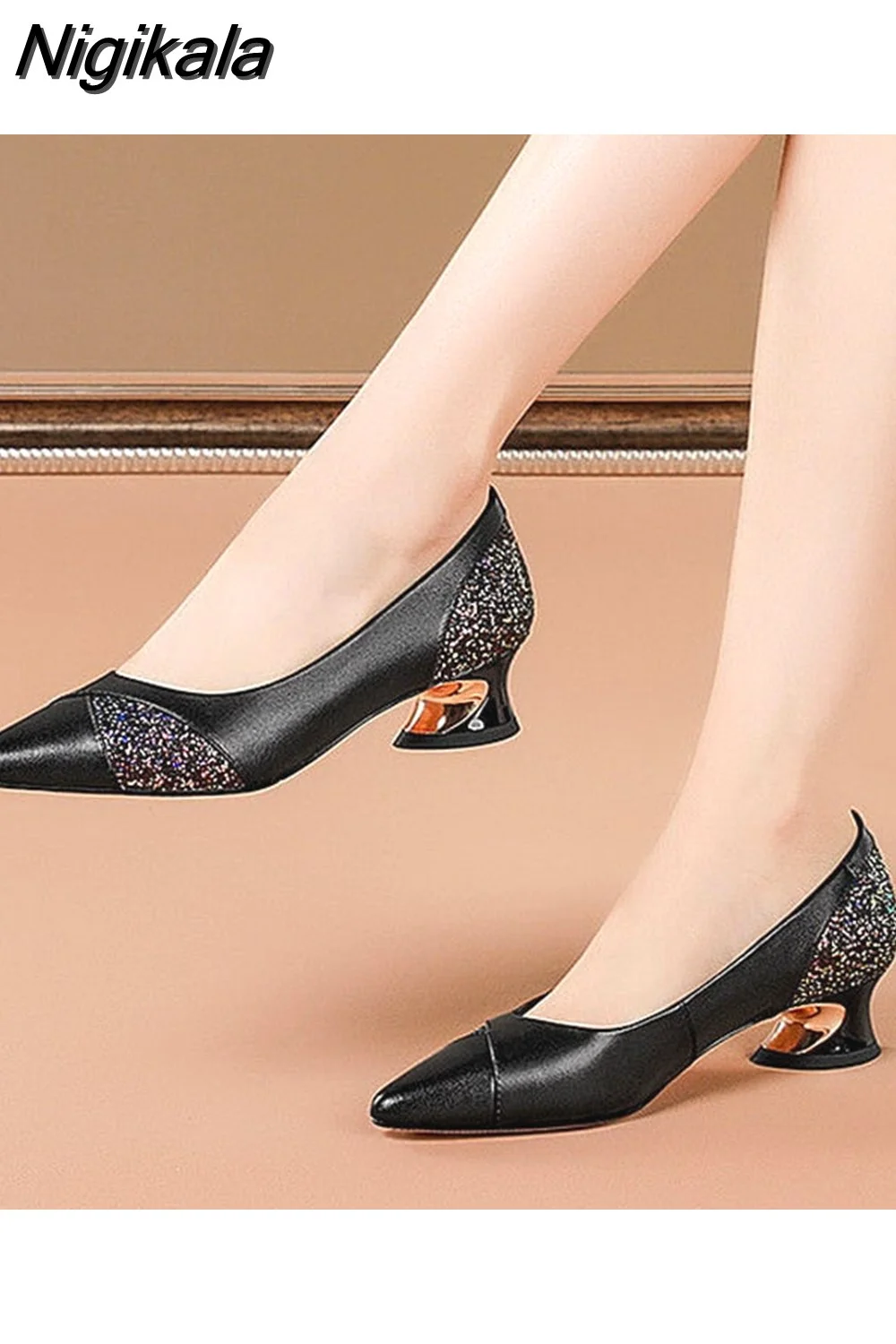 Nigikala Heel Single Shoes Women,Pointed toe,Office Lady Working Shoes,Shallow,French Style,Female Footware,Black,Gun Color 420-1
