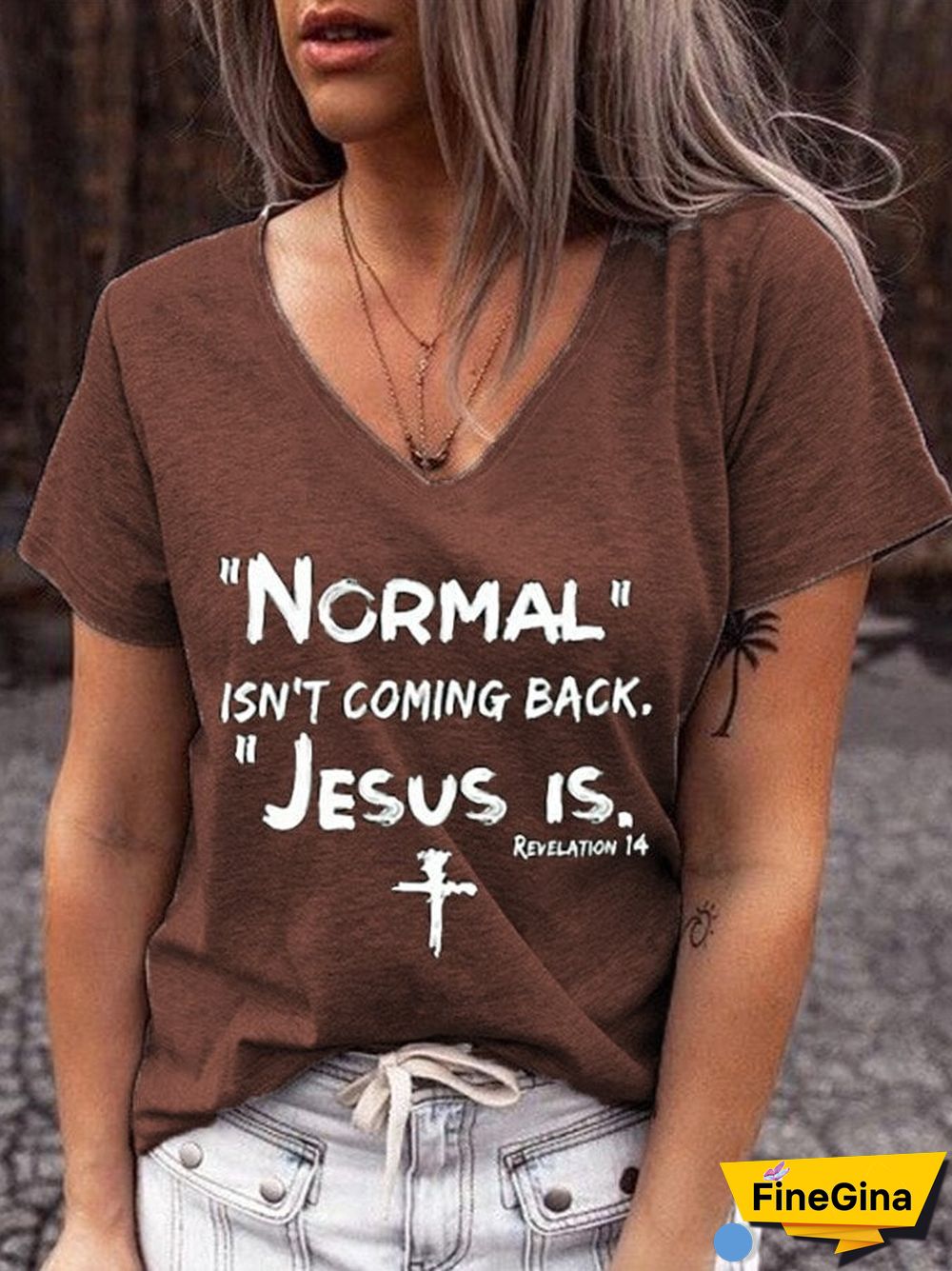 Women's NORMAL ISN'T COMING BACK JESUS IS cross print V-neck T-shirt