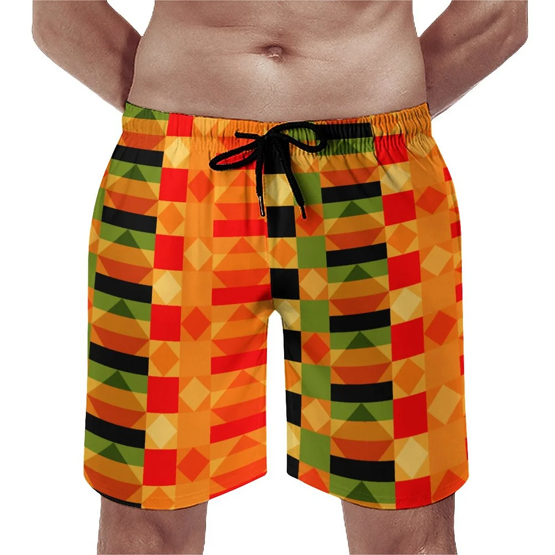 African Style Kente Cloth Geometric Traditional Men's Swim Trunks Summer Board Shorts Quick Dry Beach Short with Pockets