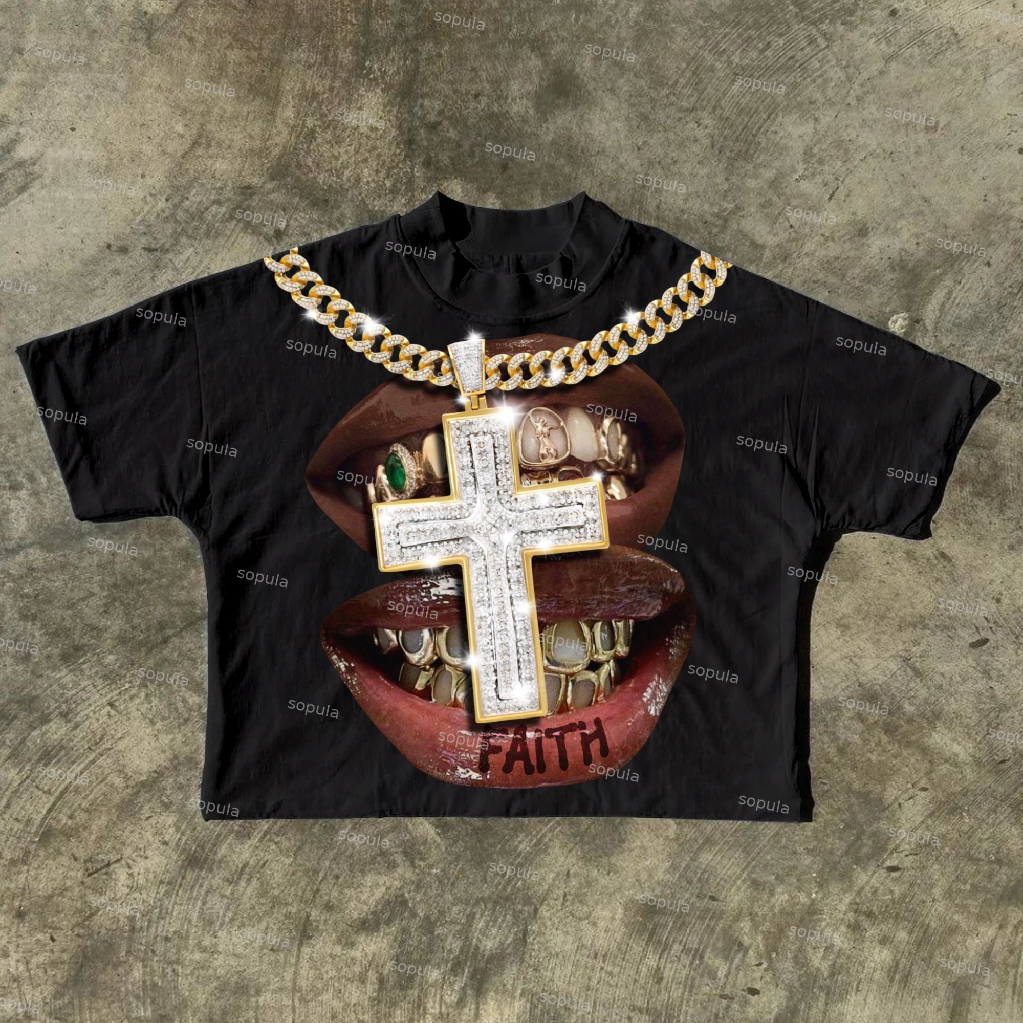 Faith Cross Diamond Necklace Lips Graphic Cotton Short Sleeve Cropped T-Shirts