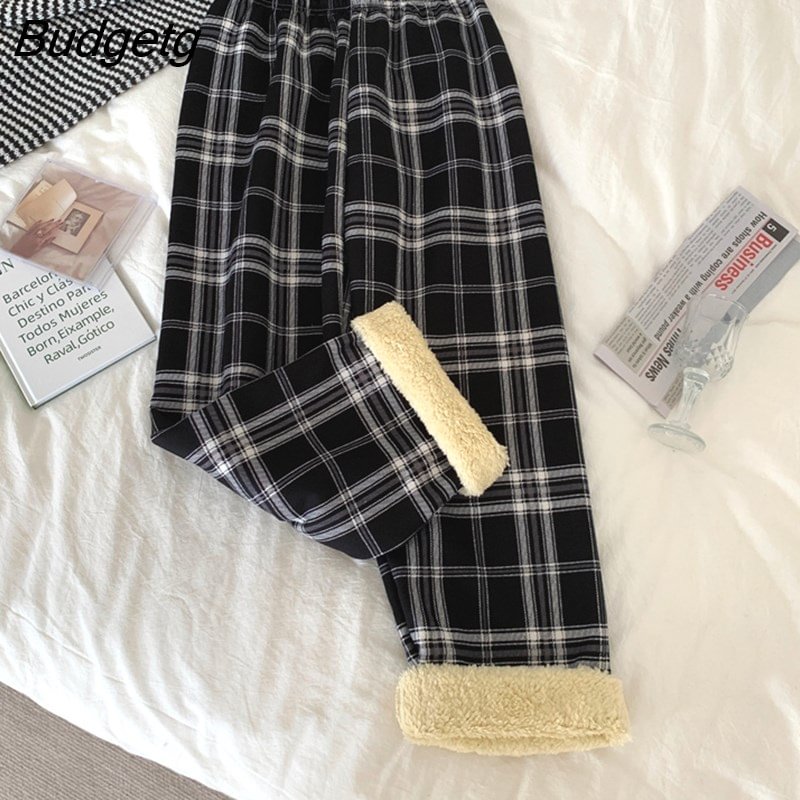Budgetg Warm Plush Elastic Waist Pants Thick Plaid Women Casual Loose Wide Leg Trousers Korean Streetwear Straight Student Pant