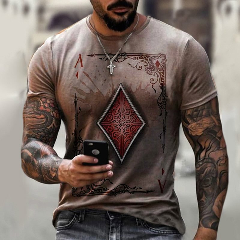 Playing Cards Lattice Square A Pattern Casual Crew Neck Short Sleeve Men's T-Shirts-VESSFUL