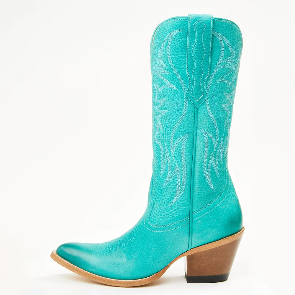 Turquoise Chunky Heel Embroidered Almond Toe Western Boots for Women