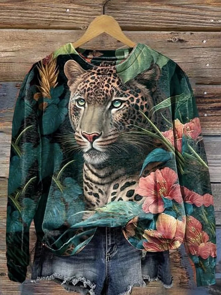Women's Crew Neck Animal Floral Art Print Hoodie Sweatshirt