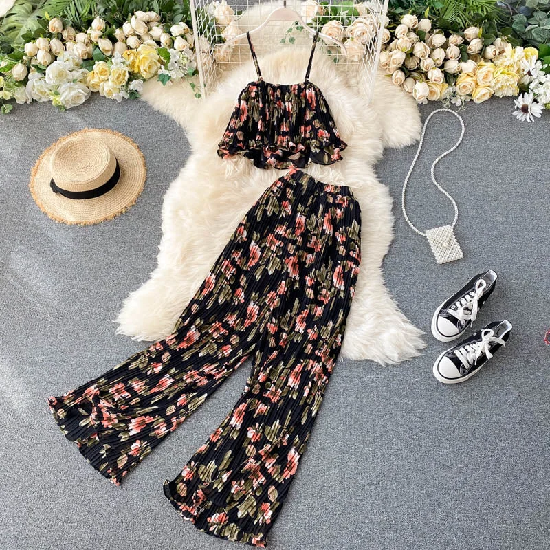 2022Women's Summer Sets Vacation Style Printed Short Camisole Pleated High-waist Wide-leg Pants Two-piece New Casual Sets LL956