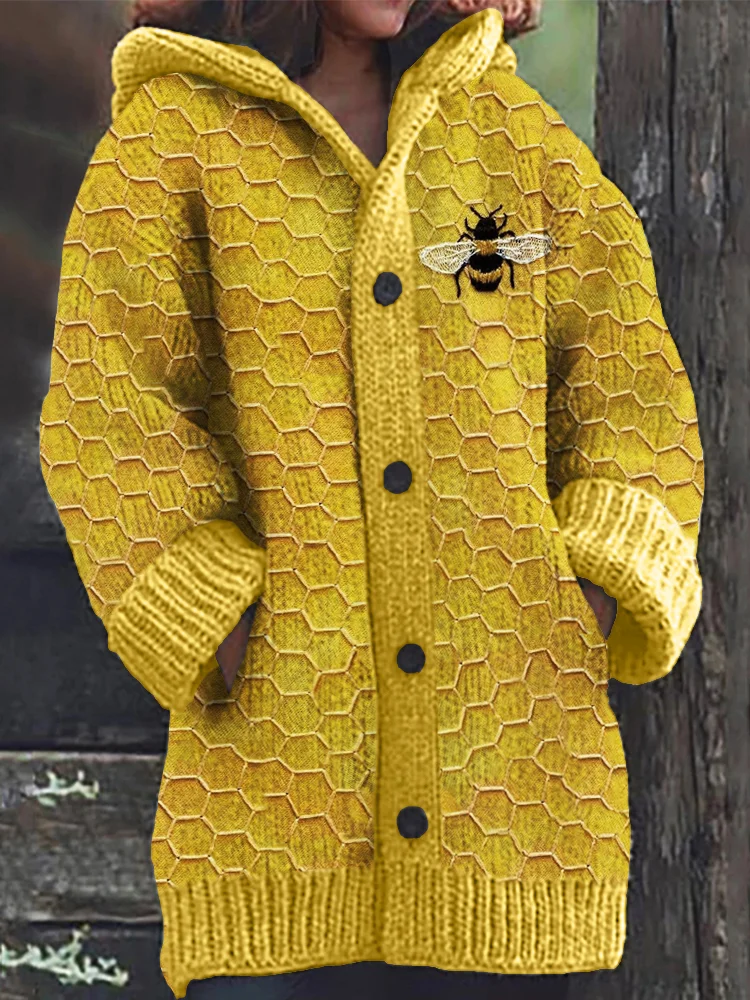VChics Bee & Honeycomb Embroidery Pattern Cozy Hooded Cardigan